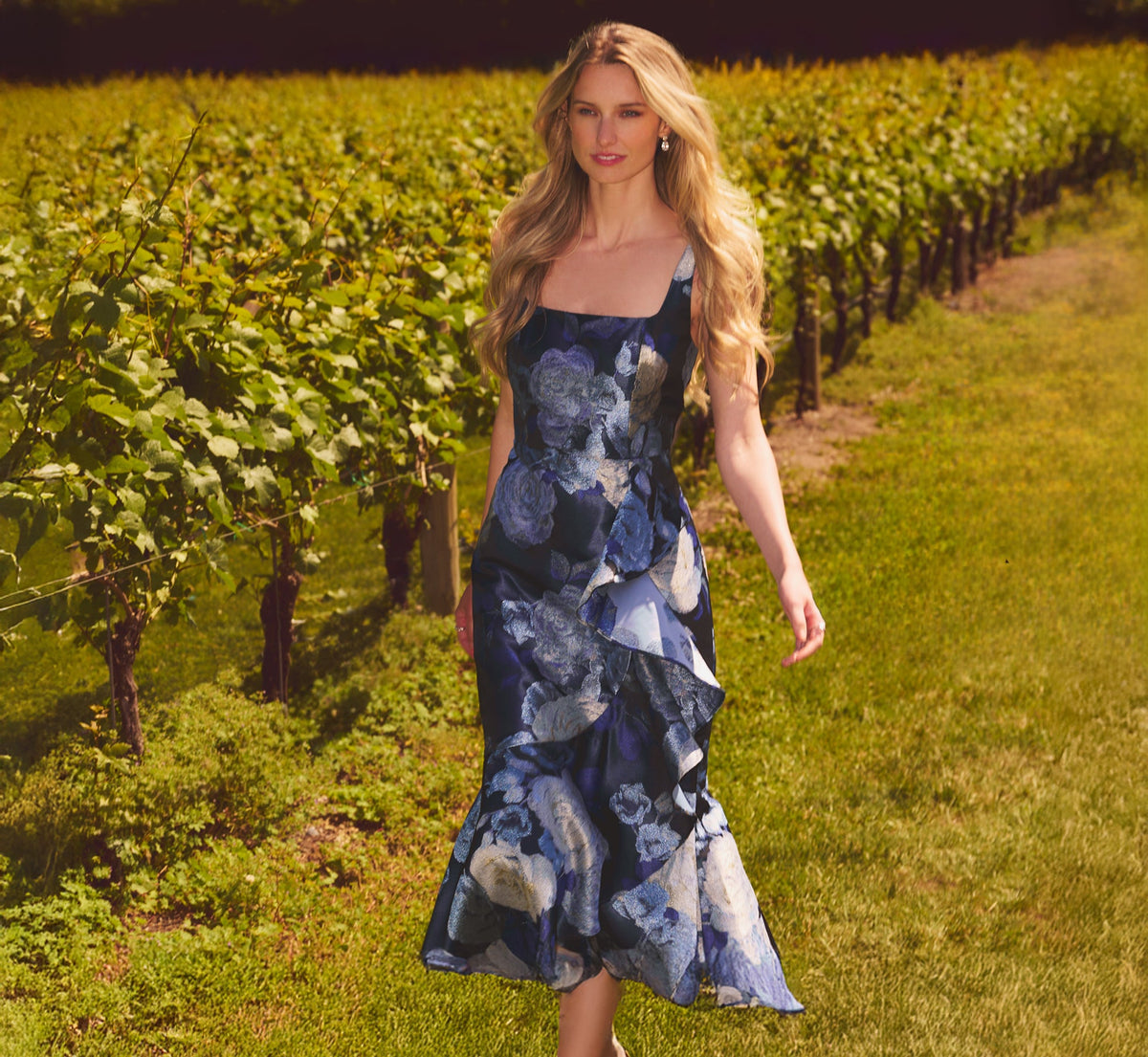 Metallic Floral Jacquard High Low Draped Gown - Blue Multi | Adrianna Papell