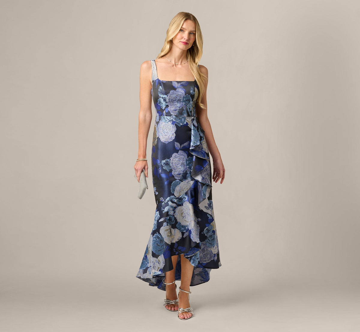 Metallic Floral Jacquard High Low Draped Gown - Blue Multi | Adrianna Papell