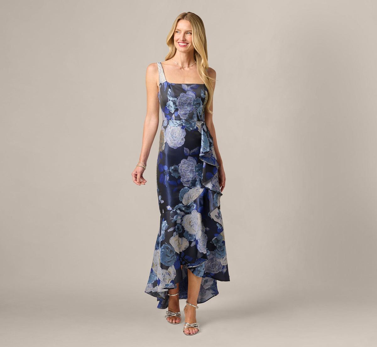 Metallic Floral Jacquard High Low Draped Gown - Blue Multi | Adrianna Papell