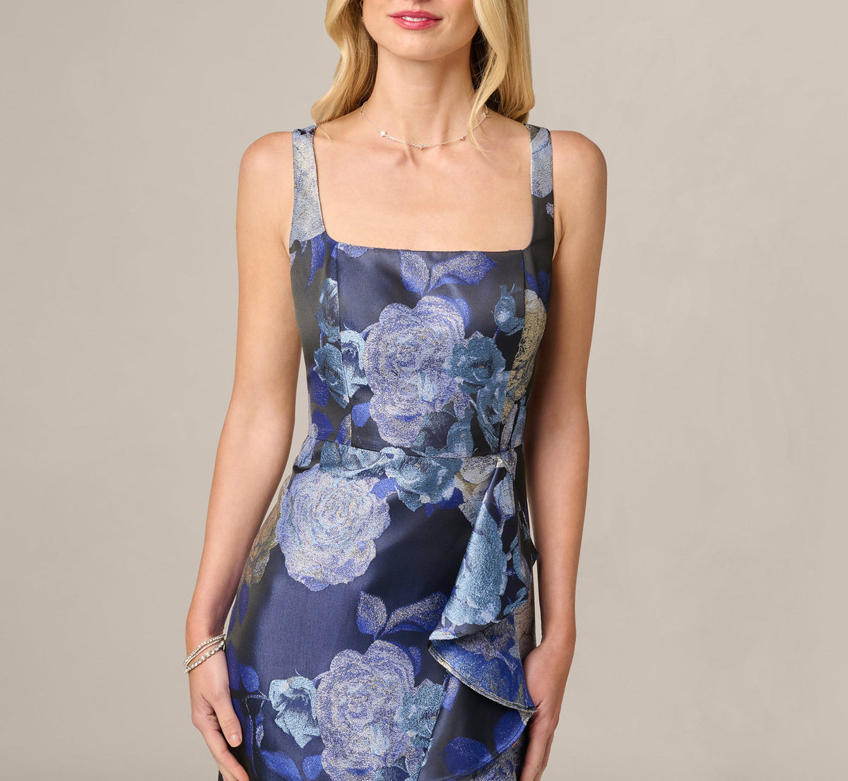 Metallic Floral Jacquard High Low Draped Gown - Blue Multi | Adrianna Papell