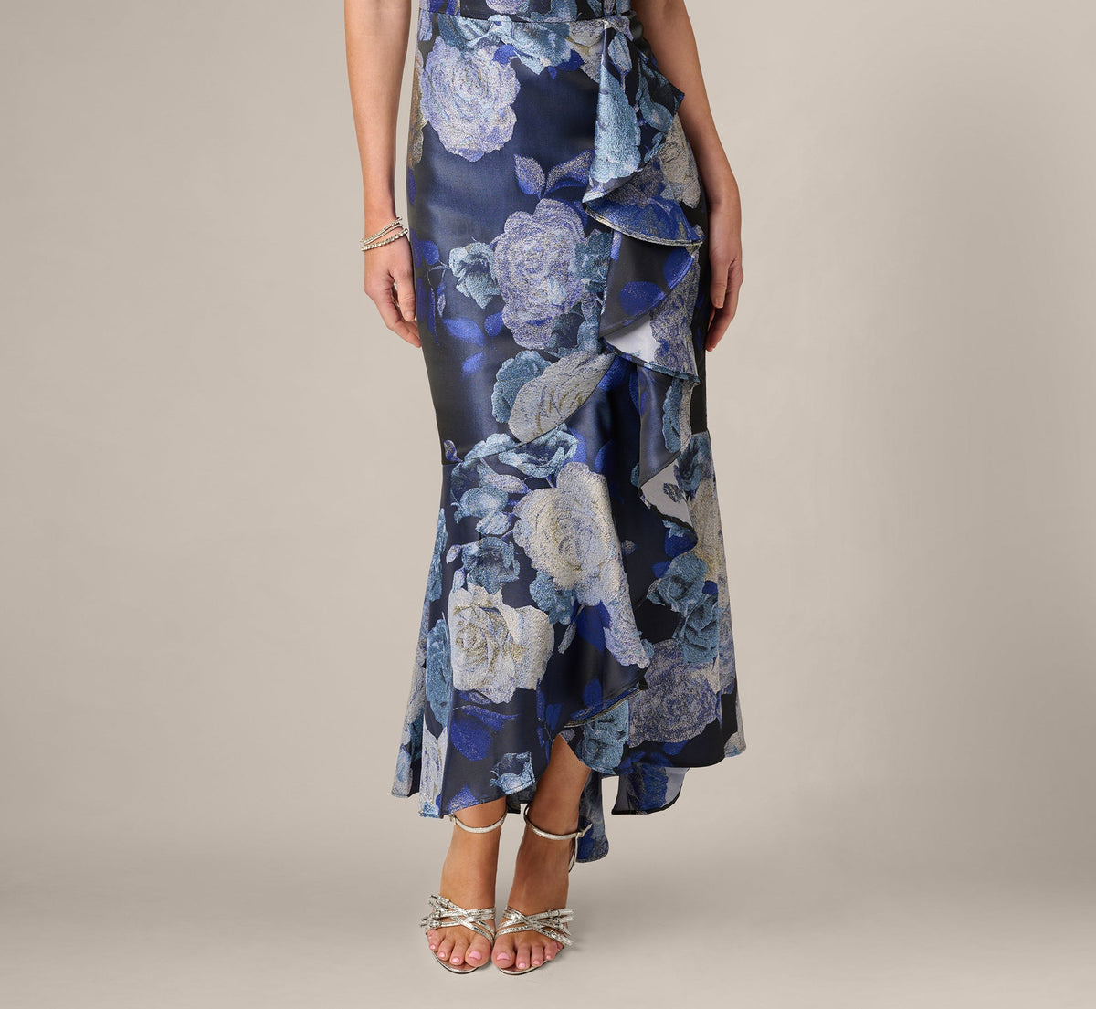 Metallic Floral Jacquard High Low Draped Gown - Blue Multi | Adrianna Papell