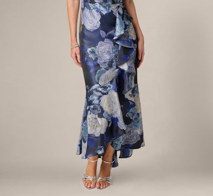 Metallic Floral Jacquard High Low Draped Gown - Blue Multi | Adrianna Papell