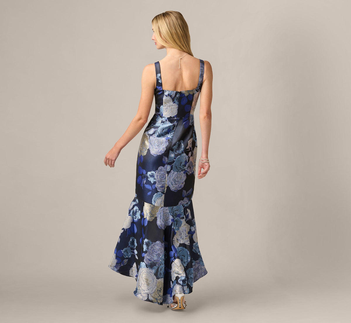 Metallic Floral Jacquard High Low Draped Gown - Blue Multi | Adrianna Papell