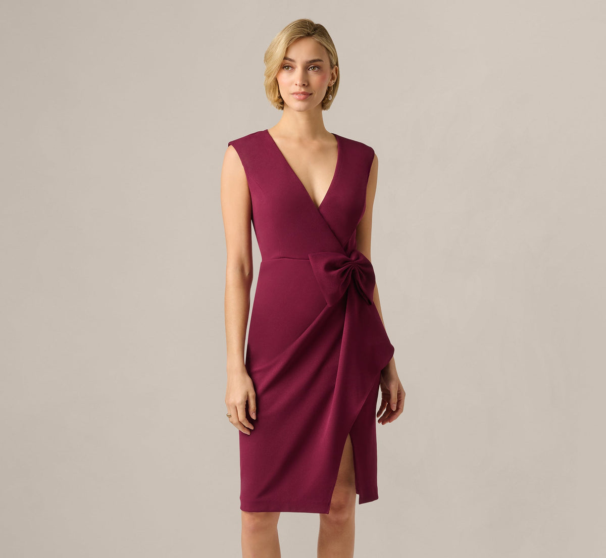 Bow Accent Stretch Wrap Dress - Cabernet | Adrianna Papell