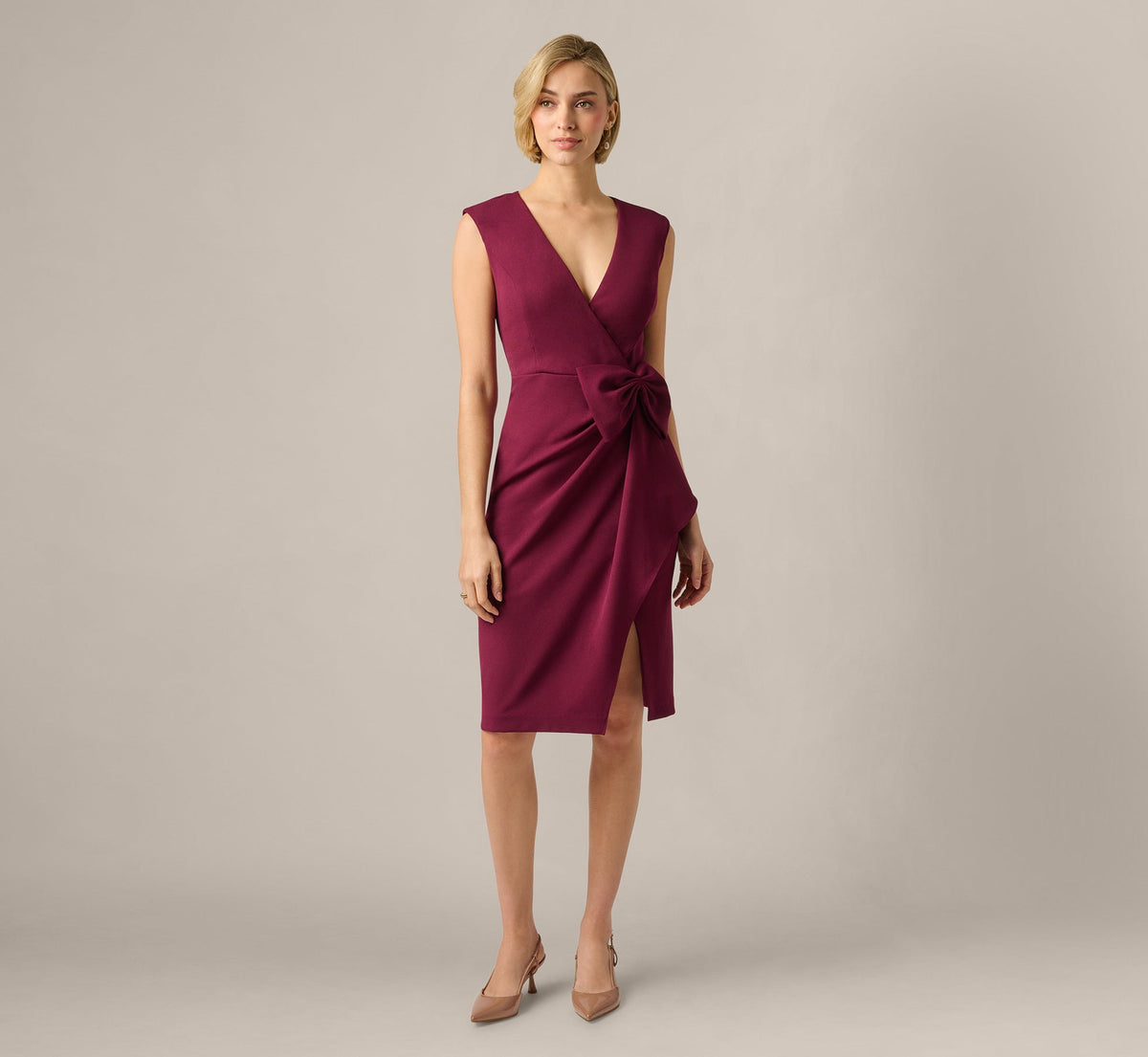 Bow Accent Stretch Wrap Dress - Cabernet | Adrianna Papell