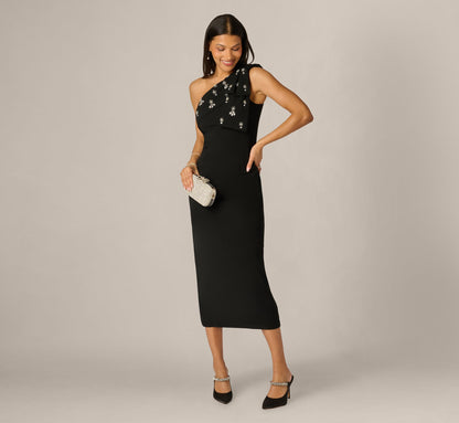 Pearly Beaded Bow Shoulder Midi Dress - Black | Adrianna Papell