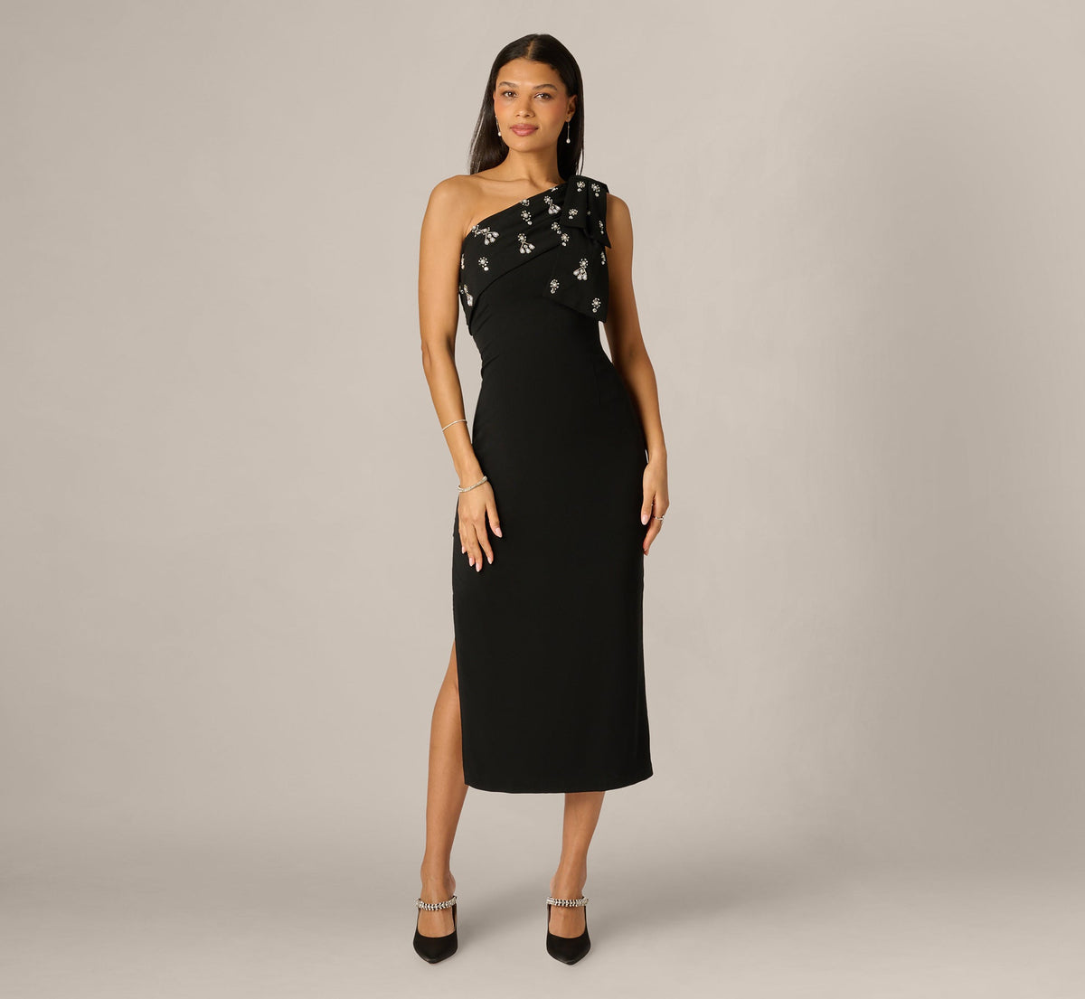 Pearly Beaded Bow Shoulder Midi Dress - Black | Adrianna Papell