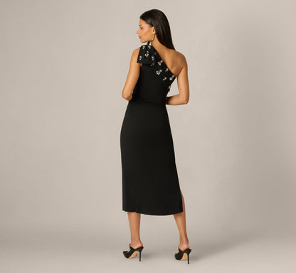 Pearly Beaded Bow Shoulder Midi Dress - Black | Adrianna Papell