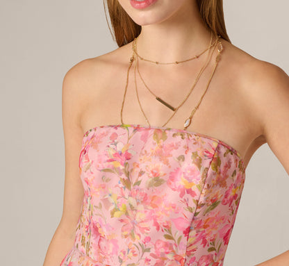 Strapless Floral Organza Pleated Short Dress - Pink Multi | Adrianna Papell