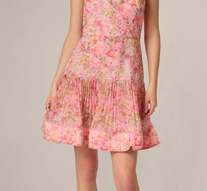 Strapless Floral Organza Pleated Short Dress - Pink Multi | Adrianna Papell