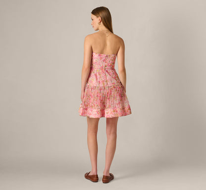 Strapless Floral Organza Pleated Short Dress - Pink Multi | Adrianna Papell
