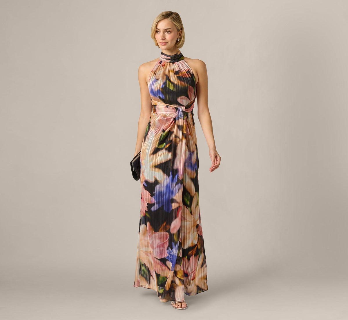 Floral Ribbon Chiffon Halter Mermaid Gown - Black Multi | Adrianna Papell