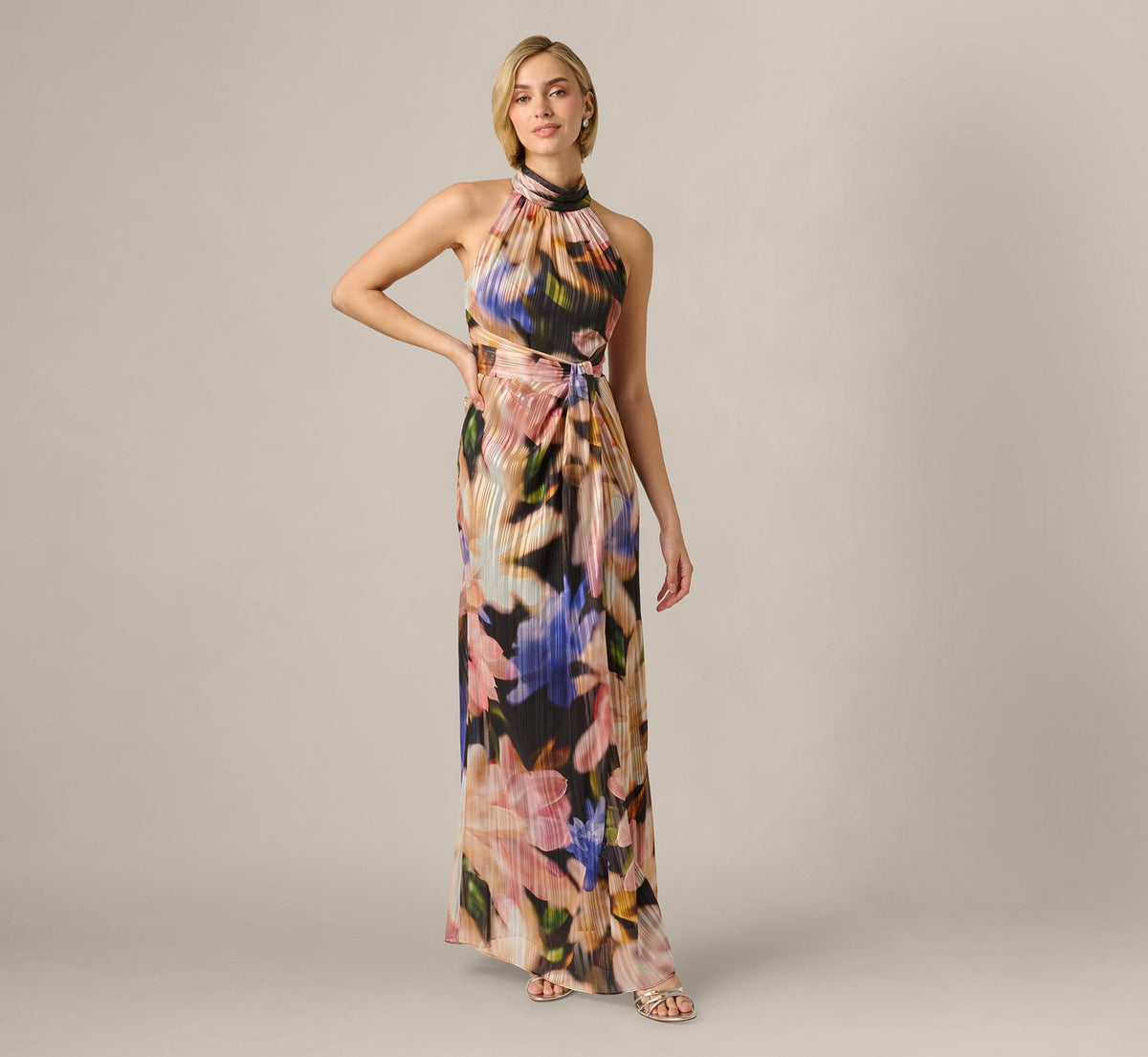 Floral Ribbon Chiffon Halter Mermaid Gown - Black Multi | Adrianna Papell