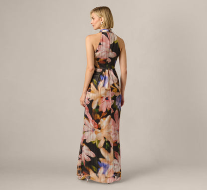 Floral Ribbon Chiffon Halter Mermaid Gown - Black Multi | Adrianna Papell