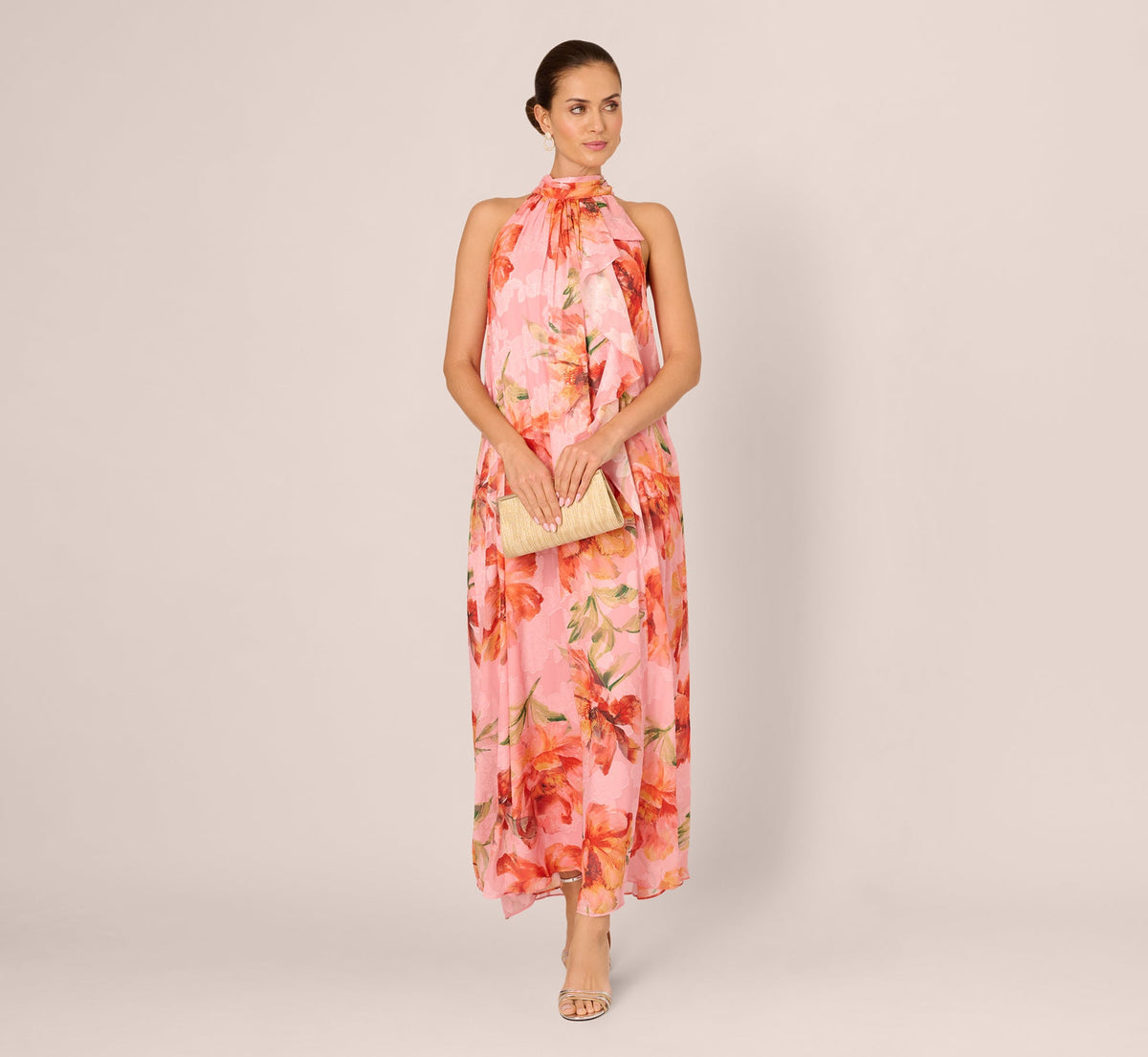 Floral Chiffon Trapeze Halter Gown - Pink Multi | Adrianna Papell