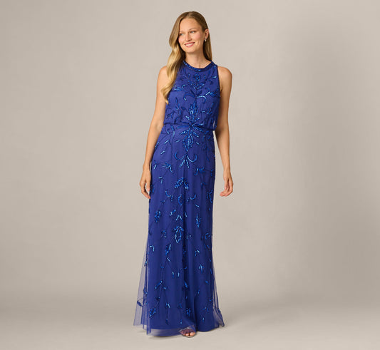 Baroque Scroll Sequin Beaded Blouson Gown - Ultra Blue | Adrianna Papell