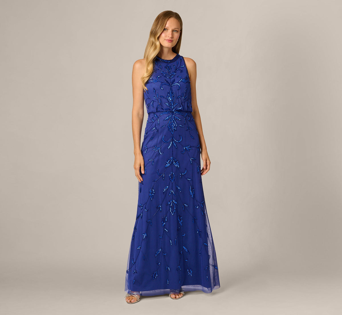 Baroque Scroll Sequin Beaded Blouson Gown - Ultra Blue | Adrianna Papell