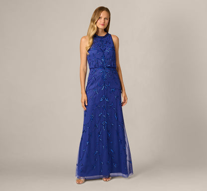 Baroque Scroll Sequin Beaded Blouson Gown - Ultra Blue | Adrianna Papell
