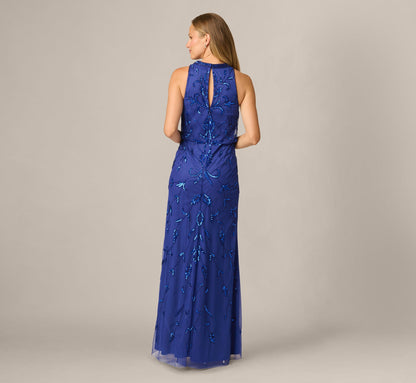 Baroque Scroll Sequin Beaded Blouson Gown - Ultra Blue | Adrianna Papell