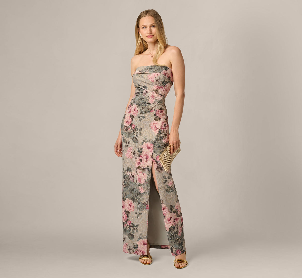 Strapless Floral Matelasse Column Gown - Slate Blush Multi | Adrianna Papell