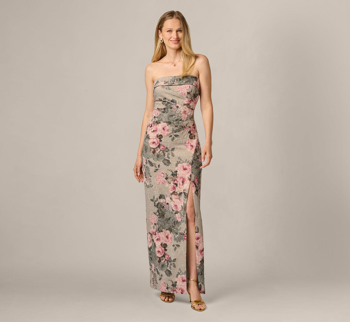 Strapless Floral Matelasse Column Gown - Slate Blush Multi | Adrianna Papell