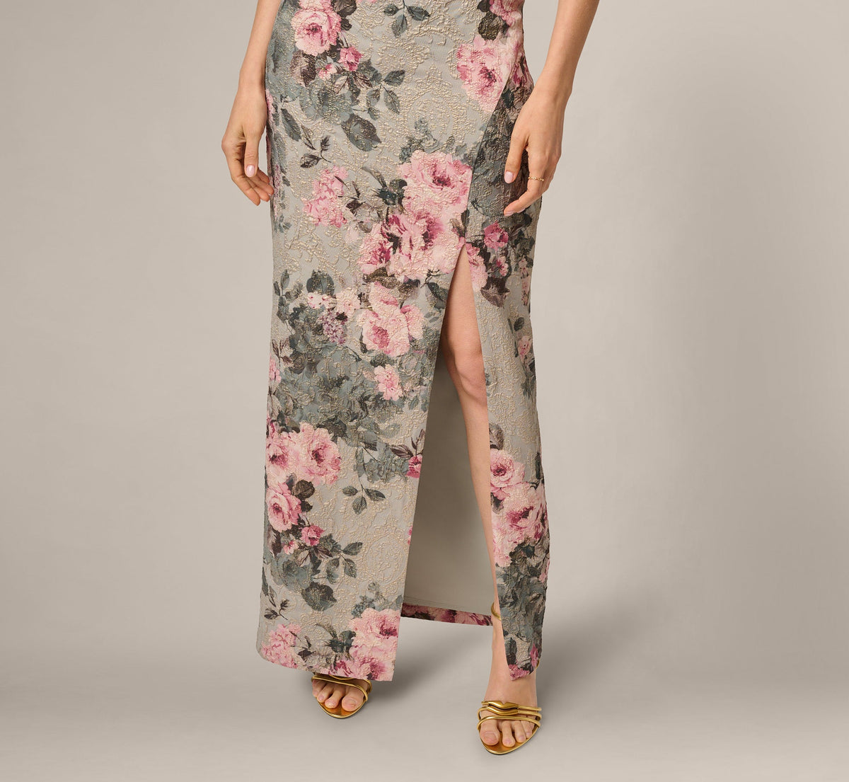 Strapless Floral Matelasse Column Gown - Slate Blush Multi | Adrianna Papell
