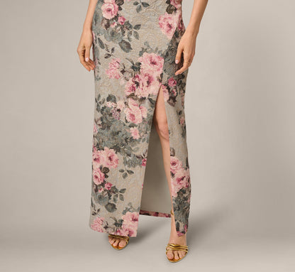Strapless Floral Matelasse Column Gown - Slate Blush Multi | Adrianna Papell