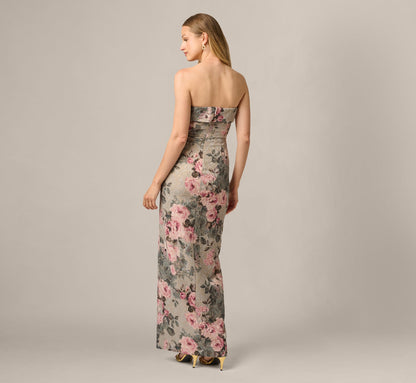 Strapless Floral Matelasse Column Gown - Slate Blush Multi | Adrianna Papell