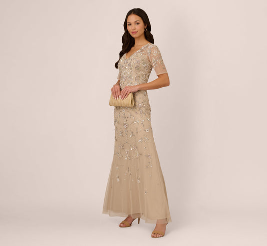 3D Floral Beaded Mermaid Gown With Sheer Short Sleeves - Biscotti | Adrianna Papell