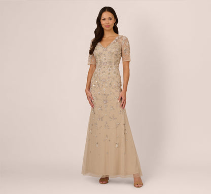 3D Floral Beaded Mermaid Gown With Sheer Short Sleeves - Biscotti | Adrianna Papell