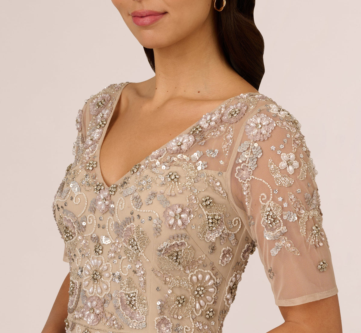 3D Floral Beaded Mermaid Gown With Sheer Short Sleeves - Biscotti | Adrianna Papell