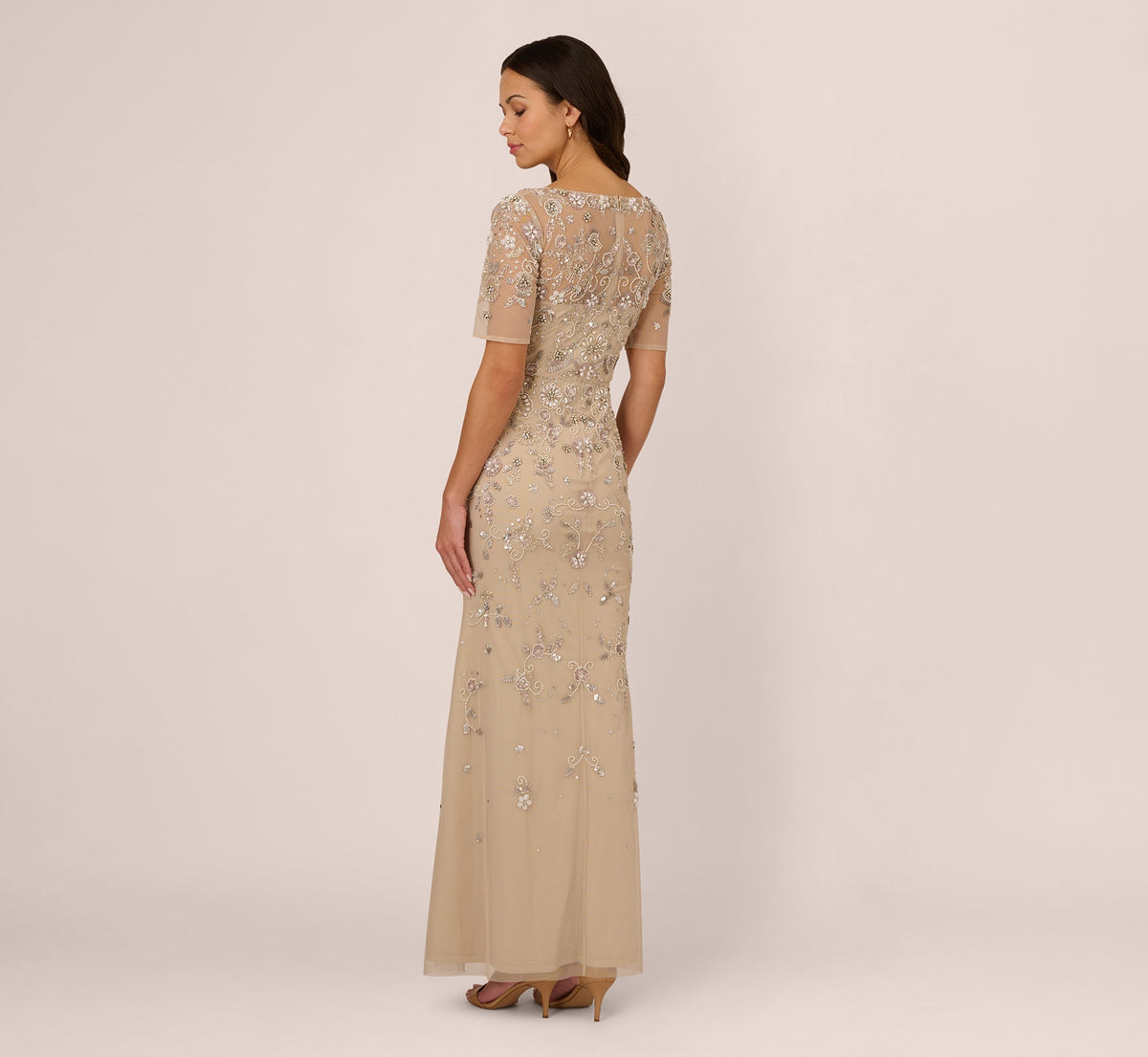 3D Floral Beaded Mermaid Gown With Sheer Short Sleeves - Biscotti | Adrianna Papell