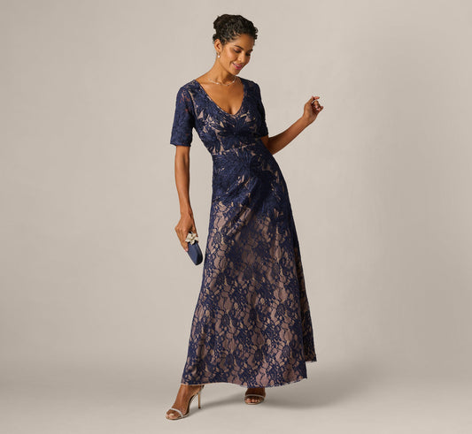 Short Sleeve Lace Soutache Embroidery Gown - Navy Nude | Adrianna Papell