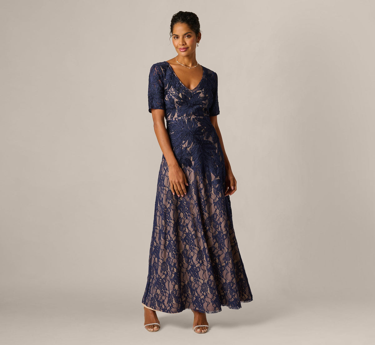 Short Sleeve Lace Soutache Embroidery Gown - Navy Nude | Adrianna Papell
