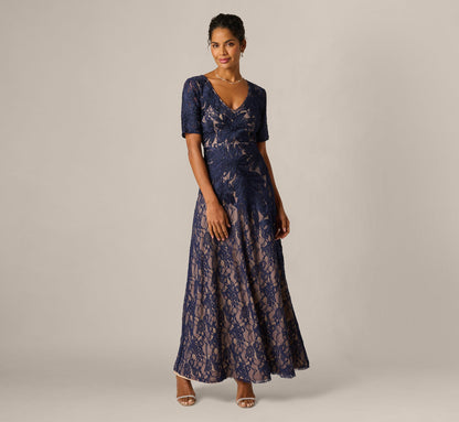 Short Sleeve Lace Soutache Embroidery Gown - Navy Nude | Adrianna Papell