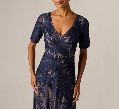 Short Sleeve Lace Soutache Embroidery Gown - Navy Nude | Adrianna Papell