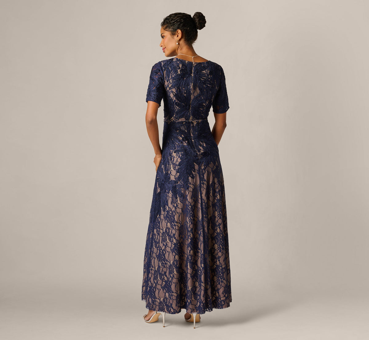 Short Sleeve Lace Soutache Embroidery Gown - Navy Nude | Adrianna Papell