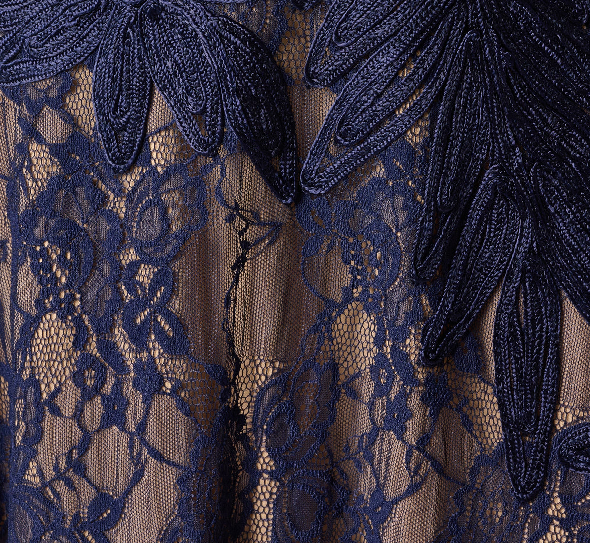 Short Sleeve Lace Soutache Embroidery Gown - Navy Nude | Adrianna Papell