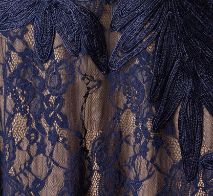 Short Sleeve Lace Soutache Embroidery Gown - Navy Nude | Adrianna Papell
