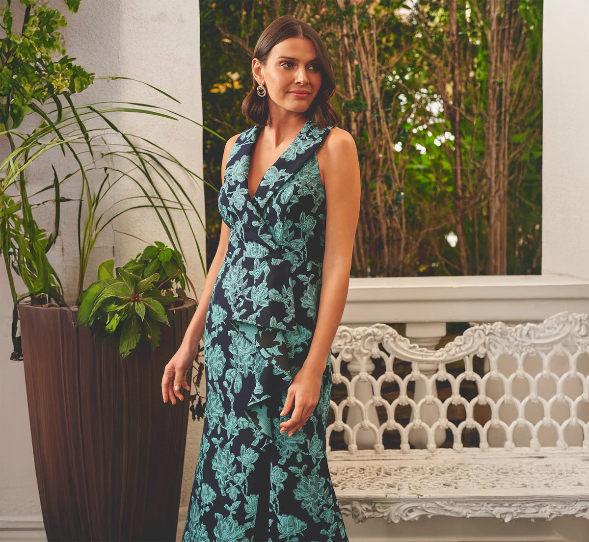 Floral Jacquard Shawl Collar Gown - Navy Multi | Adrianna Papell