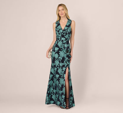 Floral Jacquard Shawl Collar Gown - Navy Multi | Adrianna Papell