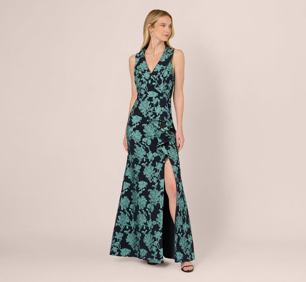 Floral Jacquard Shawl Collar Gown - Navy Multi | Adrianna Papell