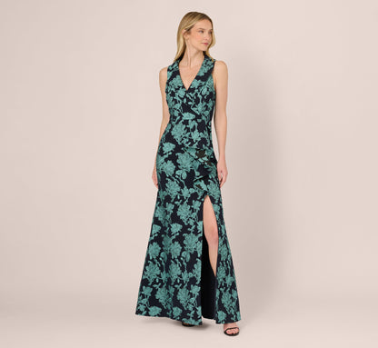 Floral Jacquard Shawl Collar Gown - Navy Multi | Adrianna Papell
