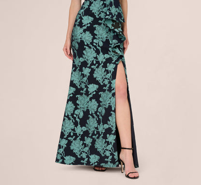 Floral Jacquard Shawl Collar Gown - Navy Multi | Adrianna Papell