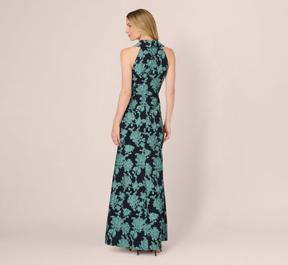 Floral Jacquard Shawl Collar Gown - Navy Multi | Adrianna Papell