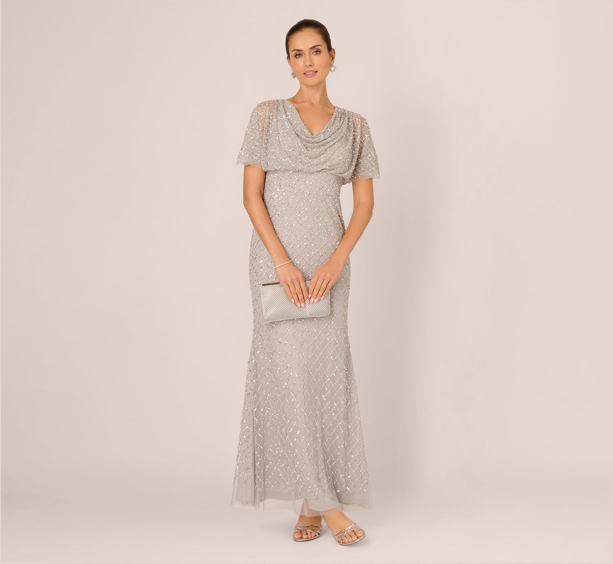 Short Sleeve Diamond Beaded Cowl Gown - Crystal Silver | Adrianna Papell