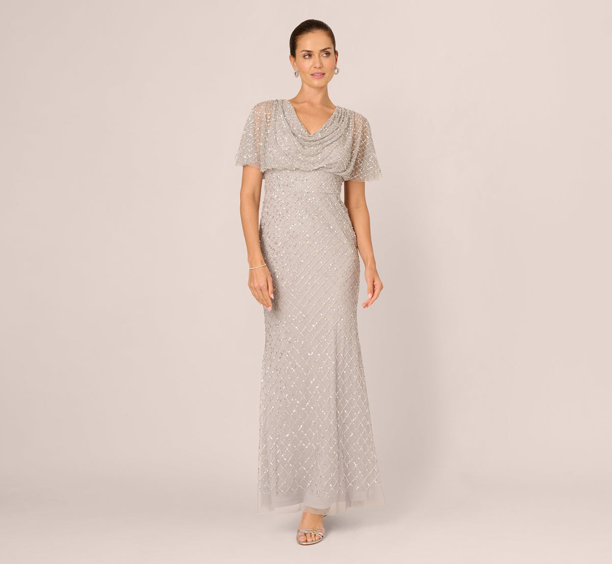 Short Sleeve Diamond Beaded Cowl Gown - Crystal Silver | Adrianna Papell