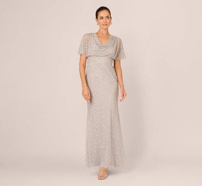 Short Sleeve Diamond Beaded Cowl Gown - Crystal Silver | Adrianna Papell