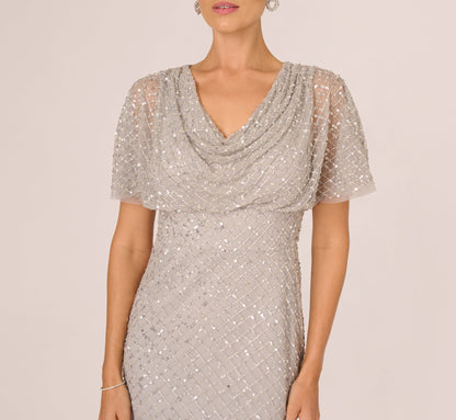 Short Sleeve Diamond Beaded Cowl Gown - Crystal Silver | Adrianna Papell