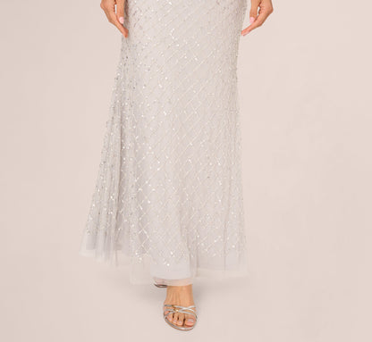 Short Sleeve Diamond Beaded Cowl Gown - Crystal Silver | Adrianna Papell
